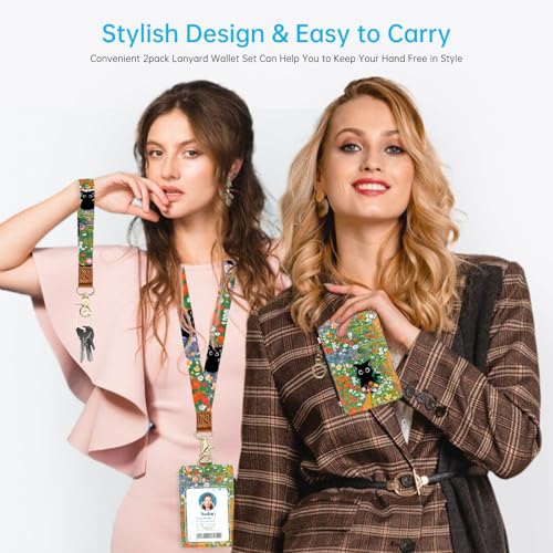 2-in-1 ID Badge Holder & Lanyard Wallet,Cute Zippered Pouch Cat Flowers 2 - color: Cat Hidden Among the Flowers 2