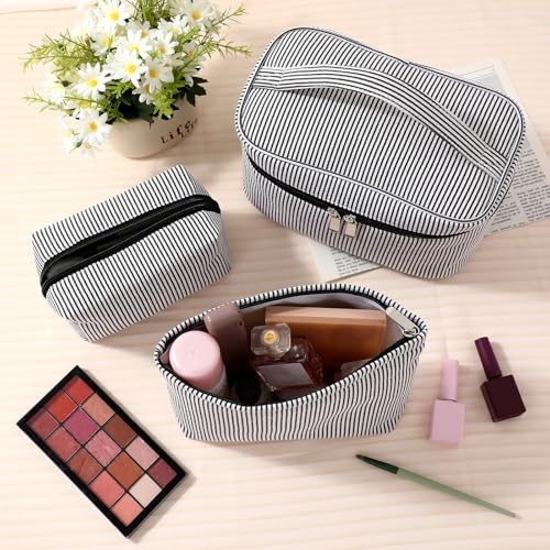 Huhumy 3Pieces Cute Seersucker Makeup Bag Set for Women, Black, Stripe - color: Black, style: Stripe