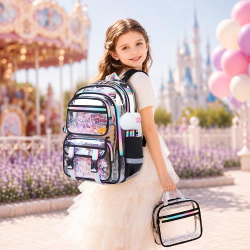 3PCS Glitter Clear Backpack for Girls with Lunch Box & Pencil Pouch(Black) | Kid Transparent Bookbag with Lunch Bag, Heavy Duty PVC See Through, School Stadium Events Approved for ELementary Preschool - color: Black Bow