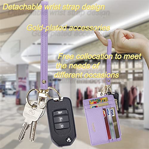 Wikavanli Women Slim Rfid Blocking Credit Card Case Holder Wristlet Zip ID Case Wallet Small Compact Leather Wallet Coin Purse with Keychain (Light Purple a) - color: Light Purple a