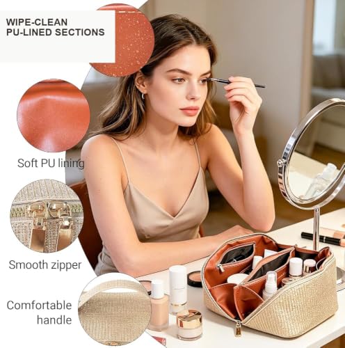 Makeup Organizer Bag, Travel Cosmetic Bag with Compartments, Gold - color: Gold