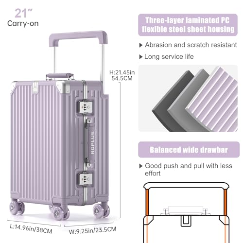 ROPLUS Aluminium Frame Checked-Luggage with Smooth Jelly Wheels, Hardside Zipperless Rolling Suitcase with TSA Lock (Purple, 21-Inch) - color: Purple, size: 21 inch