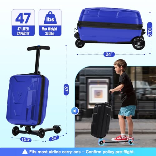 2-in-1 Folding Scooter Luggage for Kids & Adults, 3-D Hardshell Ride-On Scooter Suitcase with Adjustable Handle & Silent Wheels, Lightweight Travel Suitcase for Children Teens - color: blue