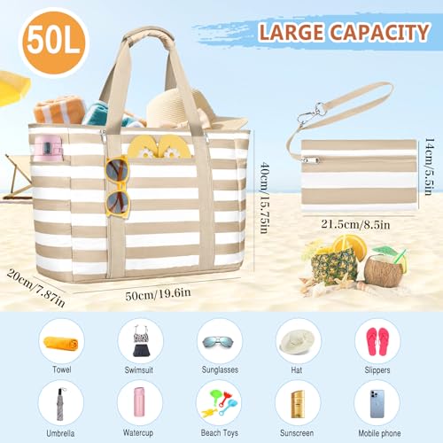 Extra Large Beach Bags for Women Waterproof Sandproof Beach Tote Bag - color: Khaki White