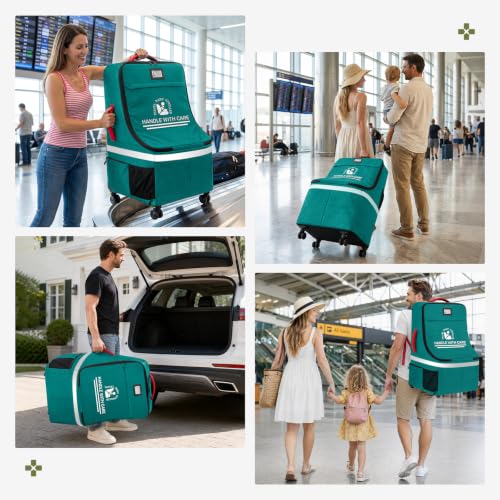 RAINSMORE Padded Car Seat Travel Bag for Airplane with Spinner Wheels - color: Green