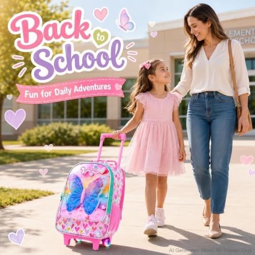 AGSDON 3PCS Rolling Backpack for Girls Boys, Kids Roller Wheels Bookbag, Wheeled School Bag with Lunch Bag - color: Rolling Butterfly Pink Backpack