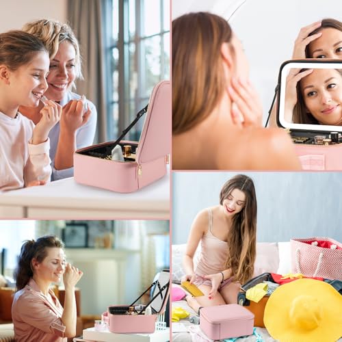 Extrei Gent 메이크업 여행용 기차 케이스 거울 LED 조명 3가지 밝기 조절 가능한 화장품 가방 휴대용 보관 조절 가능한 파티션 방수 메이크업 브러시 메이크업 주얼리 선물 여성용, 핑크, 휴대용 - color: 핑크