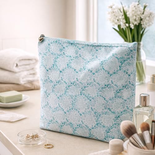 Large Cosmetic Bag - Water-Resistant, PVC-Lined - Aqua Trellis - color: Aqua Trellis, size: Large Cosmetic Bag