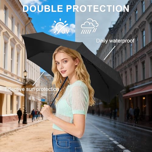 Mini Umbrella for Travel with Case Small Compact Sun Rain Tiny for Purse - color: 1010.Black