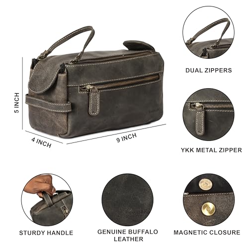 KomalC Buffalo Leather Toiletry Bag for Men & Women, Travel Pouch - color: Charcoal Black