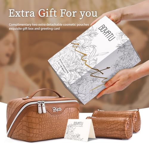 BOYATU Travel Makeup Bag Cosmetic Bags for Women: 3 Pcs Set Large Capacity Make up Bag with Handle - Crocodile Pattern Vegan Leather Toiletry Bags Travel Essentials with Compartments(E-2-Brown) - color: E-2-Brown