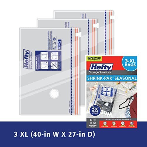 Hefty Shrink-Pak - 3 Extra Large Vacuum Storage Bags for Clothes, Pillows, Towels, or Blankets - Space Saver Vacuum Sealer Bags Ideal Under Bed Storage Solutions - size: Solo, style: 3 X-Large / Clothing