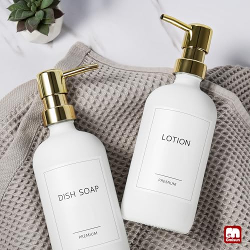 GMISUN White Soap Dispenser, 2 Pack Glass Hand Soap Dispensers Bathroom with Gold Pump, 17 Fl Oz Dish Soap Dispenser Set for Kitchen, Refillable Modern Liquid Soap and Lotion Dispensers Bottle - color: White Bottle + Golden Pump, size: 2 Pack