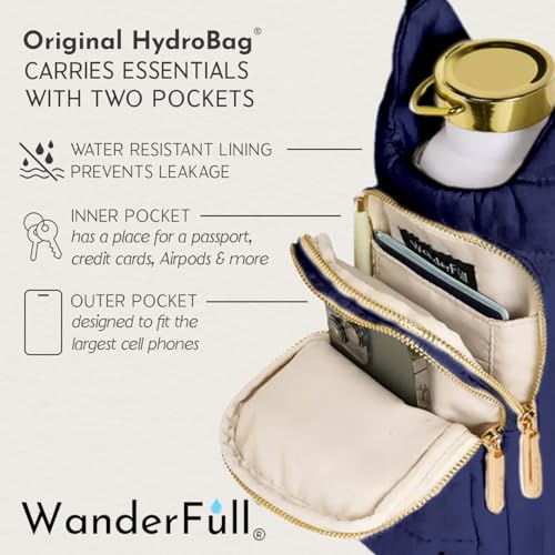 WanderFull Original HydroBag Crossbody Water Bottle Holder with Phone Pocket, Fits Water Bottles up to 32 oz - color: Navy Blue Matte - Patterned Strap