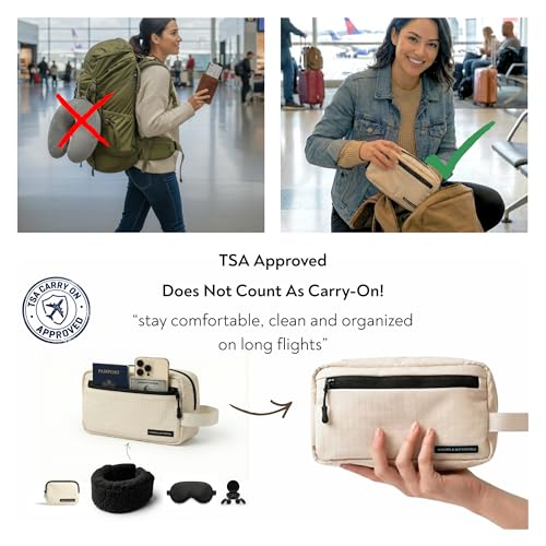 Slim Travel Neck Pillow for Long Flights, 360° Memory Foam Support Travel Neck Pillow with Premium Airplane Comfort Essentials 5pc Set, Best for Sleeping on Airplanes, Cars, Trains | Compact Bag