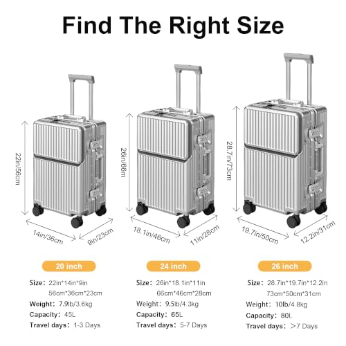Carry on suitcase Zipperless Luggage,Polycarbonate Aluminum Hard Shell, Expandable Carry-On Suitcase with Spinner Wheels, 26 Inch Cabin - color: silver, size: 26 inch