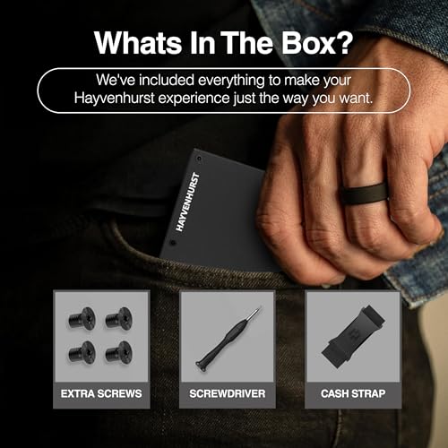Hayvenhurst Wallet for Men - Slim RFID Blocking Metal Wallet with Cash Strap, Minimalist Front Pocket Credit Card Holder, Small Mens Wallet - color: Black (Cash Strap)