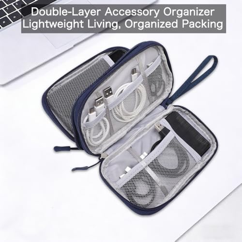 Universal Cable Organizer - Electronics Accessories Bag for USB Drives, Power Adapter, Earphones, Cords etc, Double Layer, Blue