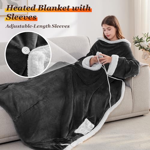 Wearable Heated Blanket with Foot Pocket, Electric Throw Blanket with Sleeves, Heated Cozy Warm Shawl with 10 Heat Settings and 1/2/4/6/8 Hours Auto-Off(50''x75'' Dark Grey) - color: Grey