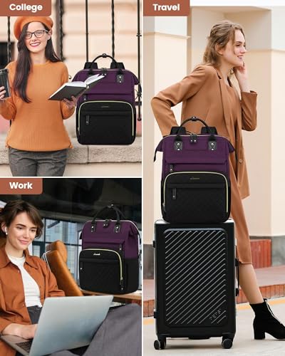 LOVEVOOK Laptop Backpack Women Quilted Teacher Nurse Work Backpack Purse - color: Purple Black, size: 17.3 inch-Cup