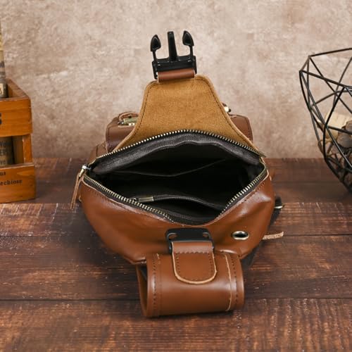 Genuine Leather Hiking Travel DayPack Sling Crossbody Triangle Chest Pack Bag For Men Women 8241 (E-Brown 2) - color: E-brown 2