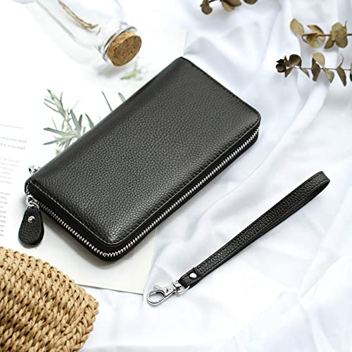 Moflycom Womens Wallet RFID Blocking Genuine Leather Zip Clutch Wristlet - color: Black