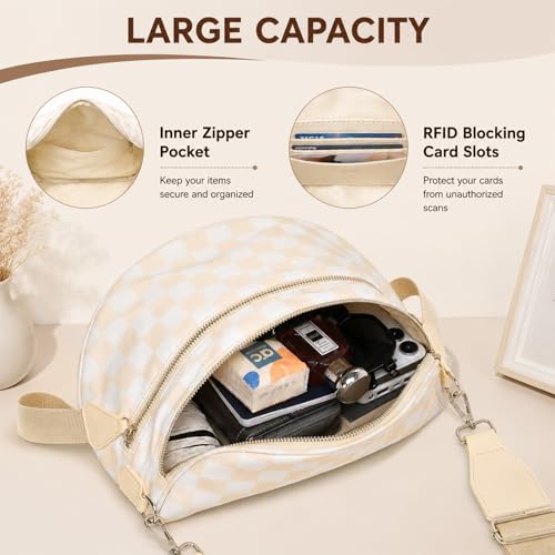 Spacious RFID Checkered Crossbody Bag Nylon Bum Bag for Women Travel Purse - color: Beige Checkered