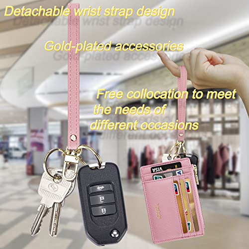 Wikavanli Women Slim Rfid Blocking Credit Card Case Holder Wristlet Zip ID Case Wallet Small Compact Leather Wallet Coin Purse with Keychain (Pink) - color: Pink