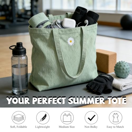 CYD Summer Beach Bag for Women, Lightweight Soft Tote with Shoulder Strap, Foldable Packable Pool Carryall with Dual Pockets - color: Blush Pink + Seafoam Green
