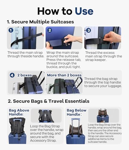 Adjustable Luggage Connector Straps for Suitcases, Multi Luggage Strap Kit for Family & Solo Travel, Keep Bags Together, Hands-Free Travel Strap for Carry-On & Checked Luggage