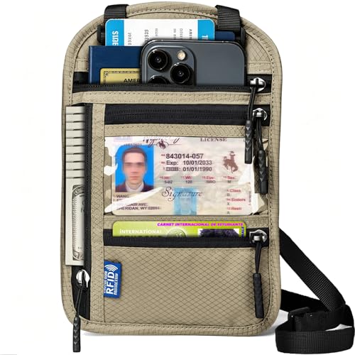 Neck Wallet for Travel, RFID Blocking Passport Holder - Slim Travel Pouch with Adjustable Strap | Holds Phone, Cards, Cash, Documents | Water-Resistant & Secure for Men & Women - color: Khaki