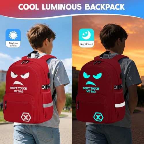 Backpack for Boys, 4PCS Cool Luminous Boy Backpack with Lunch Box | Sling Bag & Pencil Case for Kids, Bookbag for Boys Teens Elementary Middle School Students, Schoolbag Glow In The Dark - color: Red