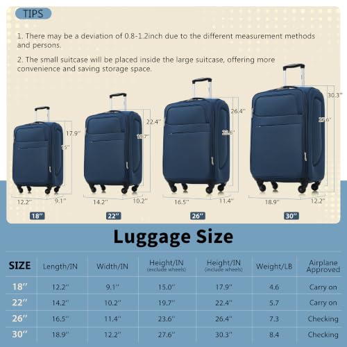 Merax Softside Luggage Set 4 Piece,18/22/26/30 Expand Suitcase,Deep Blue - color: Deep Blue-18/22/26/30