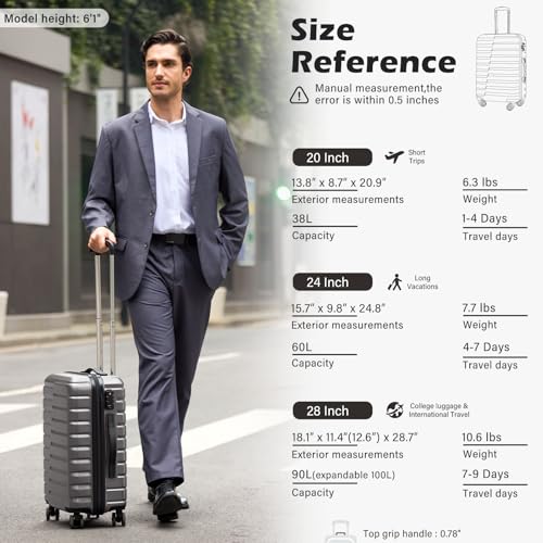 Coolife Lightweight Luggage with TSA Lock,Large Checked Gray - color: Gray, size: Large(28in)
