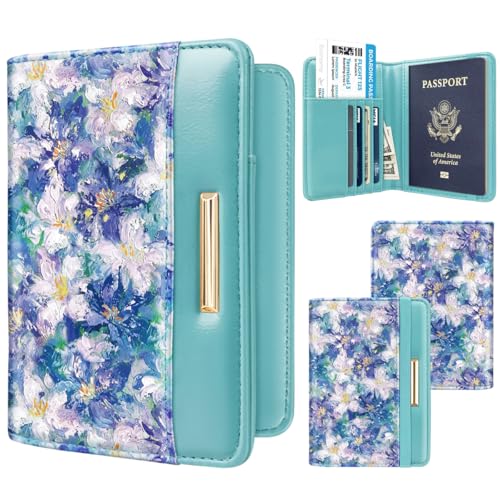 Coco Rossi Passport Holder for Travel Women Slim RFID Passport Cover Wallet - color: Blue Flower