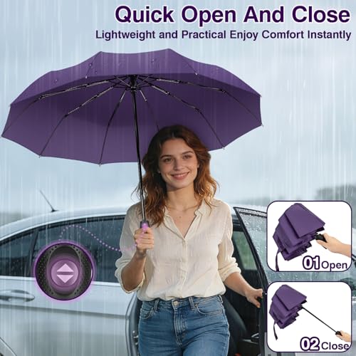 ZOMAKE Travel Umbrella Compact - 10 Ribs Portable Collapsible Umbrellas for Rain Windproof - Paraguas Automatic Small Folding Umbrella Lightweight Packable Umbrella for Women Men - color: Purple