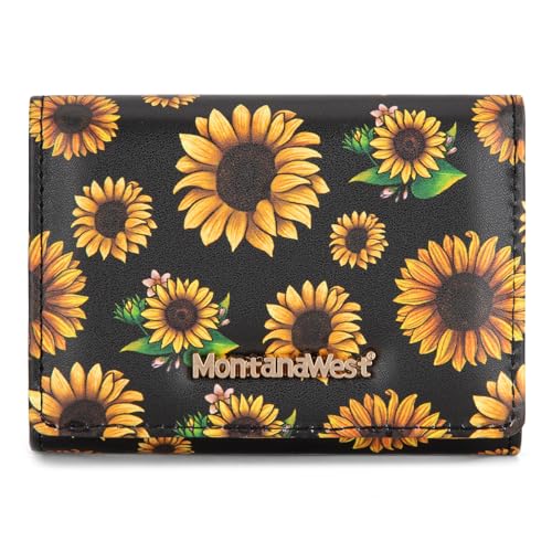 Montana West Small Wallets Woman RFID Blocking Wallet Trifold Pocket Wallet with ID Window - color: Z Black Sunflower