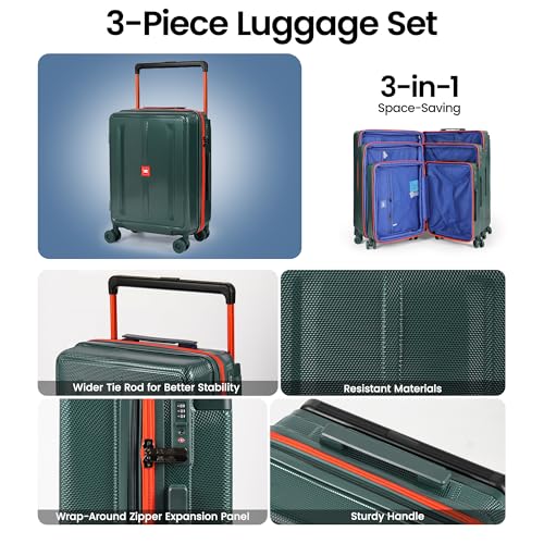 3 Piece Luggage set,Wide Handle Suitcase Set w/TSA LOCK - color: Green, size: 3-Piece Set (20"/26"/30'')