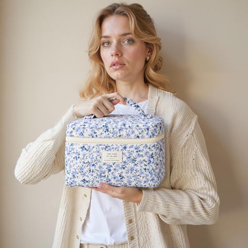 HBselect Quilted Makeup Bag, 3Pcs Cotton Large Travel Makeup Bags Organizer - color: A-3PCS-Floral 42