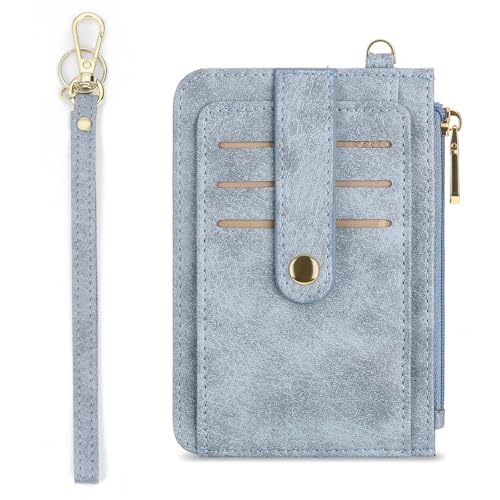SENDEFN Slim Credit Card Holder RFID Blocking Leather Keychain Wallet for Women with Zipper Pocket - color: 1-Blue