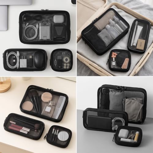 3 Pcs Mesh Cosmetic Bags Black Makeup Brush Bag for Travel Toiletry