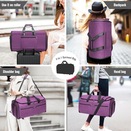 Bukere Carry on Garment Duffle Bag for Travel, Convertible Suit Bag with Backpack Shoulder Straps, Shoe Compartment, Waterproof 3 in 1 Weekender Suit Bag for Men Women - color: Backpack Purple