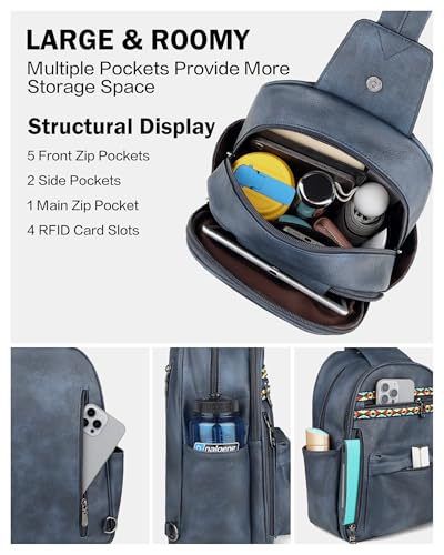 FADEON Large Sling Bag for Women, Designer 10L Leather Crossbody Purse - color: Dark Blue Retro Style