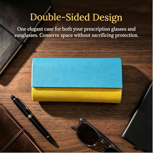 Double Sided Glasses Case Hard Shell,Sunglasses Case & Eyeglass Case with Cleaning Cloth & Storage Pouch - color: Yellow-turquoise