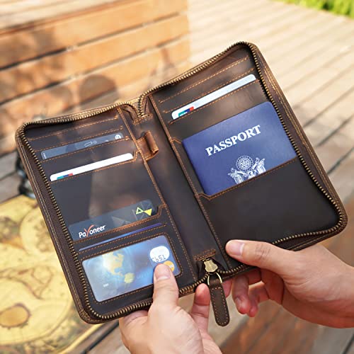 Polare Full Grain Leather Passport Holder Cover Case for Men Travel Wallet - color: Dark Brown
