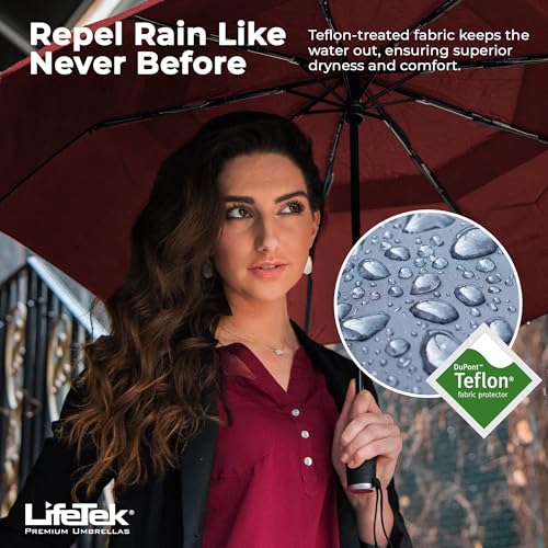 LifeTek Premium Travel Umbrella - Windproof & Compact for Men & Women, Automatic Open Close, Fits in Purse Laptop Bag or Backpack, Strong Frame for Heavy Rain & Sun UV Protection - color: 45 Inch Red FX2 Double Canopy