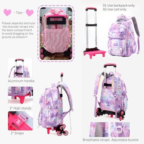 Kids Rolling Backpack for Girls School Bag with Wheels, 2-Wheel Purple - color: 2 Wheels Purple
