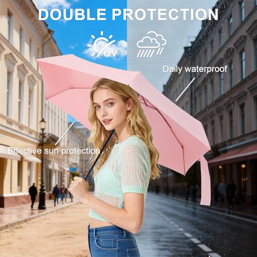 Mini Umbrella for Travel with Case Small Compact Sun Rain Tiny for Purse - color: 0802.Light Pink