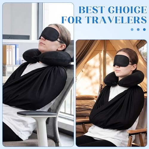 Sosation 3 Pcs Airplane Sleep Support Set Includes Arm Travel Sling Wrap Blanket, Memory Foam Neck Pillow and Light-Blocking Eye Mask, Flight Sleeping Essentials Comfort for Long-Distance Travel