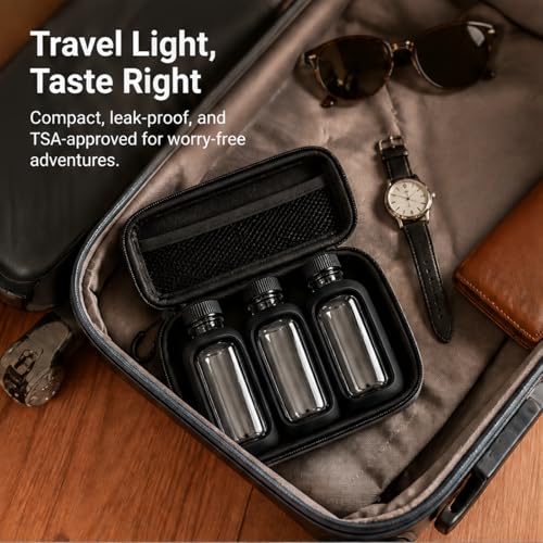 3×2oz (60ml) Glass Travel Bottles with Black Silicone Sleeves – Mini Flask Containers for Spirits, Hot Sauce, Oils & Bitters, Includes EVA Case, Funnel & Labels, TSA-Approved Leak-Proof Kit
